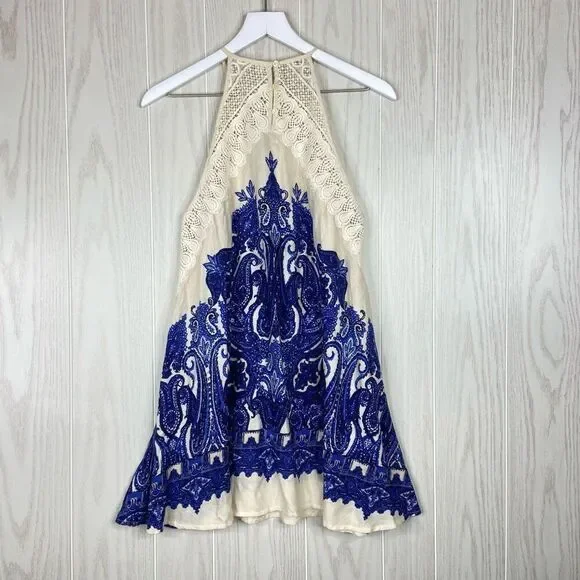 Free People Shea Mini Dress Blue Cream Size XS Boho Festival Swing Slip - Picture 6 of 7